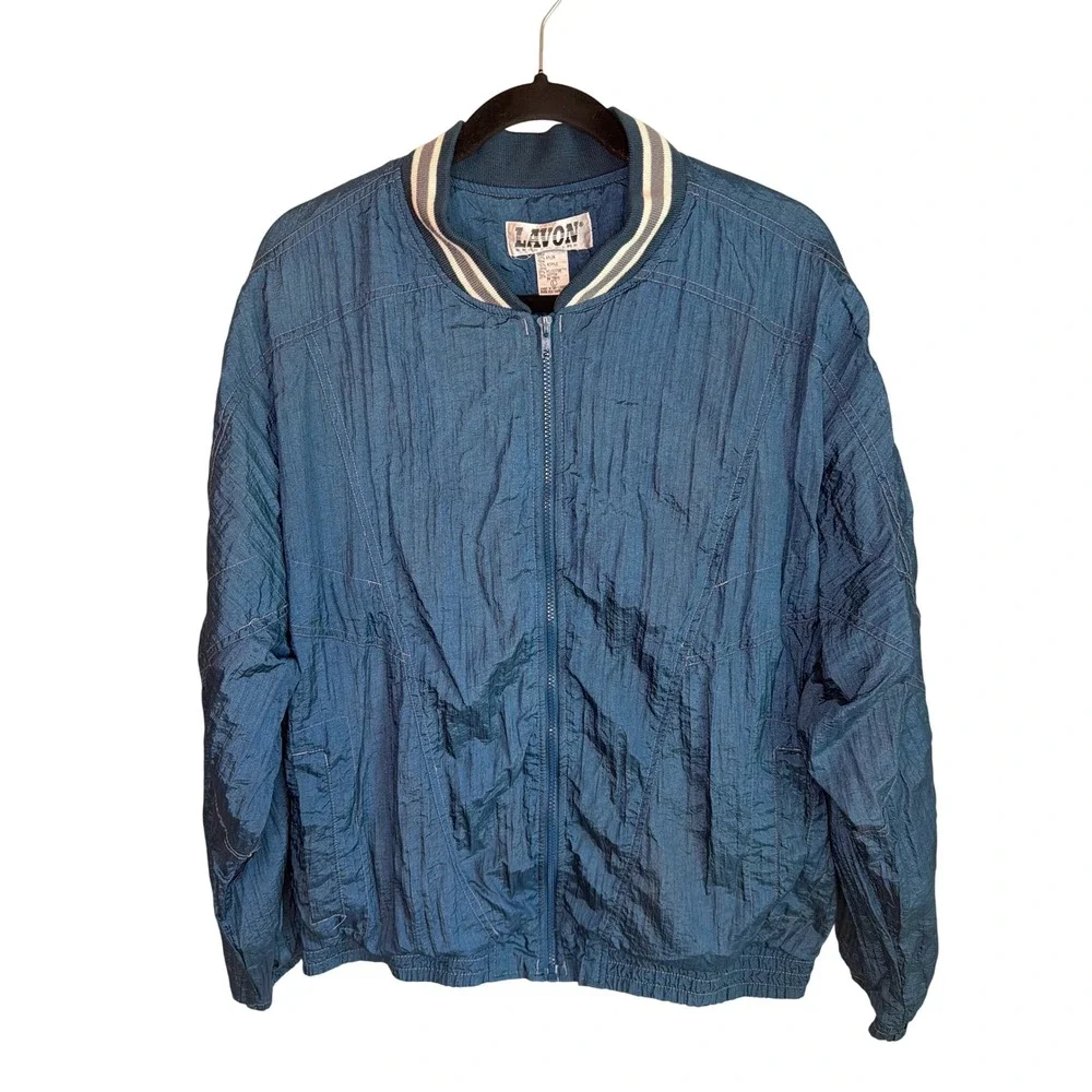 Lavon‎ Sportswear Vintage 80's 90's  Blue Crinkle Windbreaker Bomber  Zip Up